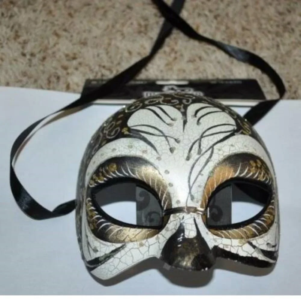 Masquerade Mask Halloween Mardi Gras White & Gold Half Cat Eye Ceramic